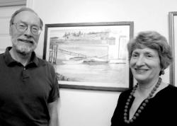 CHRIS KELLY staff Harlan F. Stone II and his wife, Helen, admire his grandmother&rsquo;s painting, &ldquo;Jim&rsquo;s Wharf,&rdquo; which is among the paintings       displayed at the Monmouth Beach Cultural Center through Aug. 1.