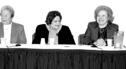 CHRIS KELLY staff Helen Thomas (center), of Hearst Newspapers; Linda Deutsch, The Associated Press; and Fran Lewine, of CNN, participate in a panel discussion at Monmouth University.