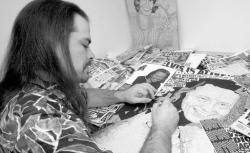 FARRAH MAFFAI staff Artist Chris Covert uses the pages of newspapers and books &mdash; including the Bible &mdash; to create portraits of famous people,  sometimes in their own words.