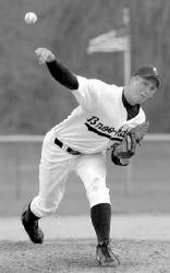 CHRIS KELLY Brookdale&rsquo;s Brian Rabbit, of Brick, fires a pitch during a double-header on Saturday in Middletown. Rabbit is the No. 1 starter for the Jersey Blues this year as they look to return to the Junior College World Series.