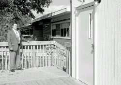  Principal Jim Quinn of Appleby School, Spotswood, stands in front of a newly constructed deck leading to two trailers. The temporary setup will house fifth-graders and is necessary, officials say, in order to alleviate overcrowding in the main building.  JERRY WOLKOWITZ 