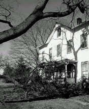 JEFF HUNTLEY Tree limbs broken by a recent wind storm damaged the porch of this house on Milltown Road, near its intersection with Route 18. 