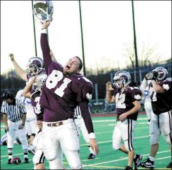 VERONICA YANKOWSKI South River&rsquo;s Rene Ferreira celebrates the Rams&rsquo; 12-7 win over West Long Branch&rsquo;s Shore Regional High School in Saturday&rsquo;s Central Jersey Group I championship game at Kean University, Union. For more, see today&rsquo;s sports pages.