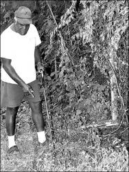 PHOTOS BY JERRY WOLKOWITZ  Robert Love of Monroe shows a charred area on his property where a cross had been burned hours earlier. At right, Todd O&rsquo;Malley, an arson investigator with Middlesex County, examines the site on Buckelew Avenue.