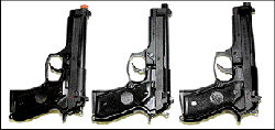 FARRAH MAFFAI Only the gun on the right is the real Beretta. The others are toy guns that shoot plastic pellets. The middle toy gun is painted black to demonstrate the difficulty in distinguishing it from the real gun.