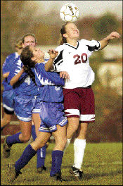 FARRAH MAFFAI South River&rsquo;s Tara Takac heads the ball upfield during the Rams&rsquo; 4-2 loss to Shore Regional High School in the Central Jersey Group I final at East Brunswick on Friday.