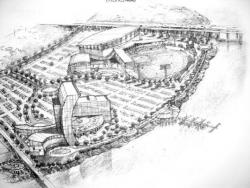A sketch of the proposed Arenum at Sayreville by design group Architectura shows the arena and stadium at right and the hotel-convention center and retail area at left, along with the various other uses and amenities.