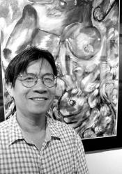 FARRAH MAFFAI Michael Chan, owner of the River Mill Art Gallery in South River, in front of Debora Dias&rsquo; &ldquo;La Femme,&rdquo; part of the student art exhibition.