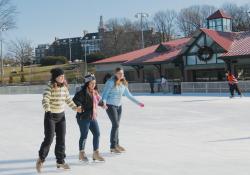 SCOTT FRIEDMAN Friends Barbora Hroncova (l-r), 15, Jaime Perez, 15, and Ruslana Trytko, 16, all from South River, take a leisurely lap during a sunny afternoon at the Middlesex County Skating Rink in Roosevelt Park in Edison on Saturday. 