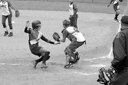 SEAN BRADY  Above, Brookdale&rsquo;s Christine Serila beats the throw to the plate during the Jersey Blues&rsquo; win over Anne Arundel on Sunday in Lincroft. At left, Christine Lewis makes the scoop at first base to register a putout.