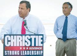  Gov. Chris Christie speaks at a June 17 press conference at Pier Village in Long Branch, where his re-election bid was endorsed by Mayor Adam Schneider, a Democrat, who said he crossed party lines because of the Republican governor&rsquo;s response to superstorm Sandy.  PHOTO COURTESY OF CHRISTIE FOR GOVERNOR/MYKWAIN GAINEY 