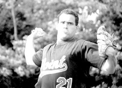 JEFF HUNTLEY Frank Gualtieri of the Point Pleasant Merchants practices his pitching in preparation for a possible match-up against several of his former players at Freehold Township High School. 