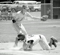 JEFF HUNTLEY Marlboro&rsquo;s Howard Dobshinsky gets set to slap a tag on Maryland&rsquo;s Tim Smith during their teams&rsquo; Aug. 5 game in Marlboro. Maryland went on to win the game 7-3, but Marlboro&rsquo;s run in the Junior League Eastern Region Tournament was just beginning. 