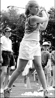 FARRAH MAFFAI Howell&rsquo;s Ashley Devincenzo, 11, keeps her eye on the ball during  a golf clinic at Knob Hill Country Club last Wednesday, which was part of the Lucent Technologies Hewlett-Packard Futures Classic.