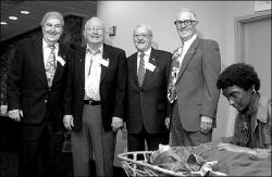 PHOTOS BY JERRY WOLKOWITZ  World War II veterans Max Brudner, Marlboro; Edward Turrell, Hazlet; Monmouth County Freeholder Ted Narozanick, Freehold; and George Waple III, Eatontown, (l-r) attend the premiere of Triumphant Spirit: America&rsquo;s World War II Generation Speaks at Brookdale Community College, Middletown. All four men tell their stories in the documentary.