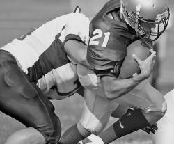PHOTOS BY JEFF GRANIT staff At left, Freehold High School's Tyler Russo runs for a gain in the first quarter of his team's 35-7 victory over Central High School Saturday afternoon. Right, Freehold's Robert James looks at a referee after recovering a fumble in the end zone for a touchdown en route to his team's victory over Central High School. 