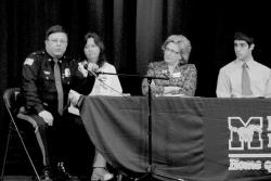 MATT DENTON Marlboro police Lt. Douglas Van Note (l) responds to a question, as Pam Flynn, Barbara Sprechman and Sam Nunes look on during a presentation about the growing problem of teenagers' abuse of prescription drugs. The event took place April 8 atMarlboro High School. 